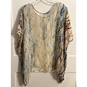Language Kimono Blouse Womens Petite Small Beige Abstract Silk Sheer Top Boho